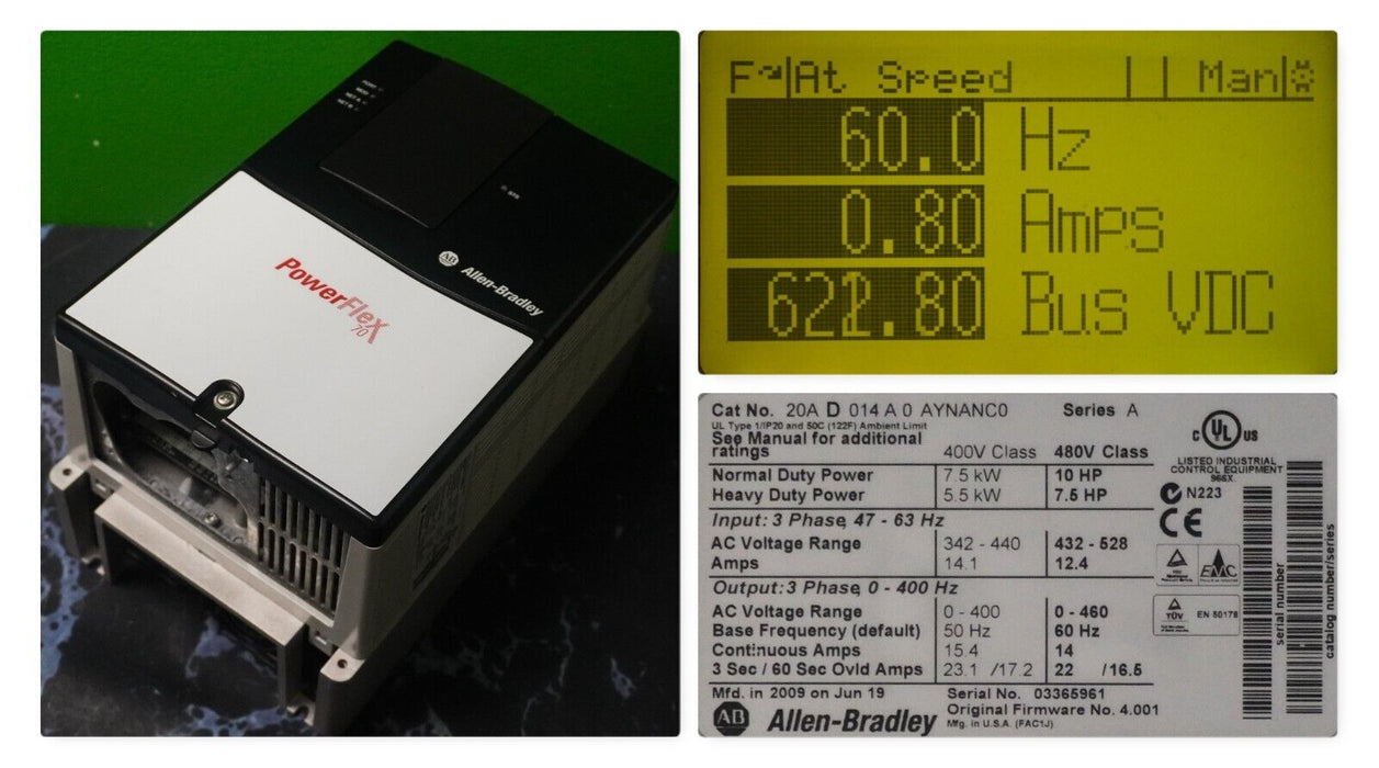 Allen-Bradley PowerFlex 70 20AD014A0AYNANC0 10HP FRN:4.001 Tested Good