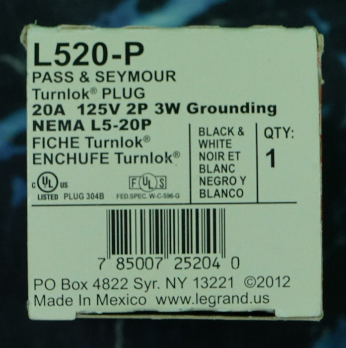 Pass & Seymour L520-P Turnlok Plug 20A 125V 2P 3W Black