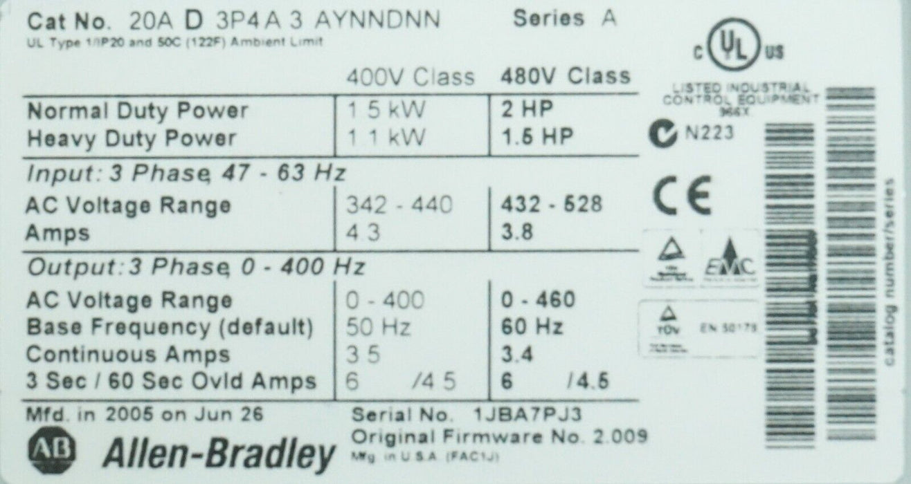 Allen Bradley PowerFlex 70 2 HP 20AD3P4A3AYNNDNN 480 VAC FRN 2.009