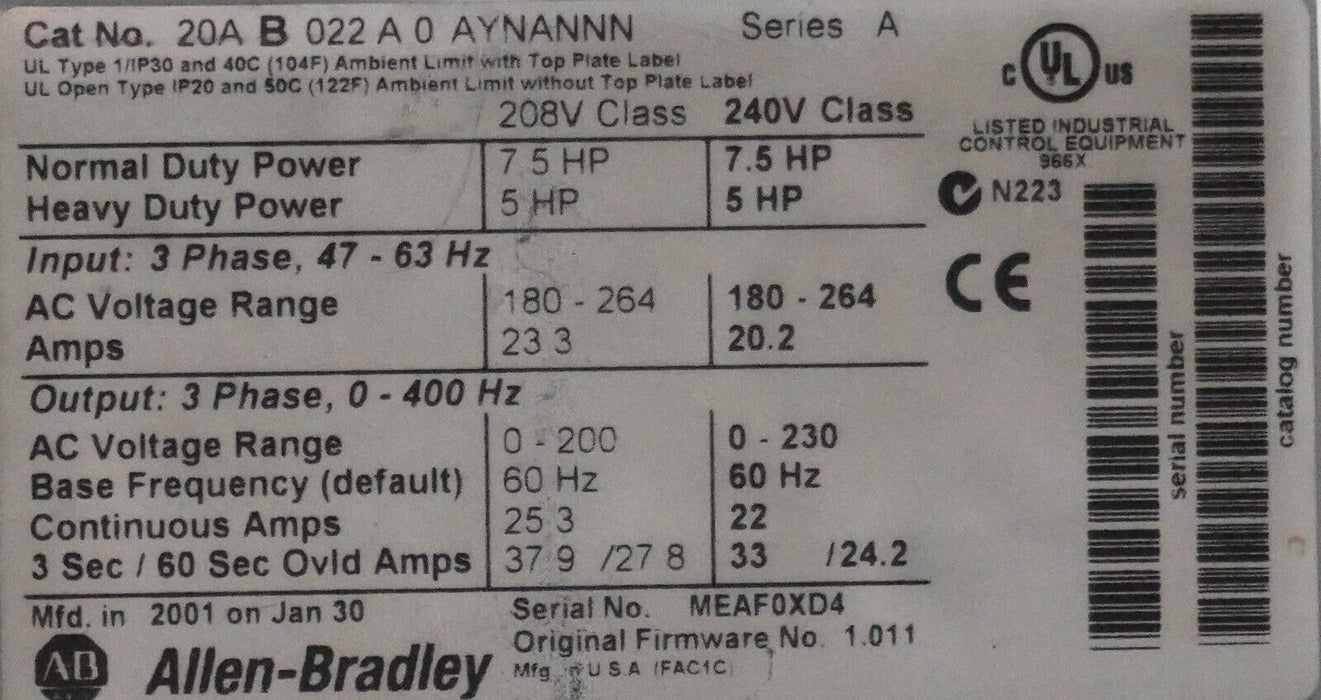 Allen Bradley PowerFlex 70 20AB022A0AYNANNN Series A  240VAC FRN:1.011