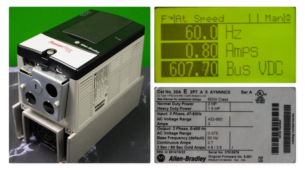 Low HR Allen-Bradley 20AE2P7A0AYNNNC0 PowerFlex 70 2HP Series A FRN:5.001 Tested