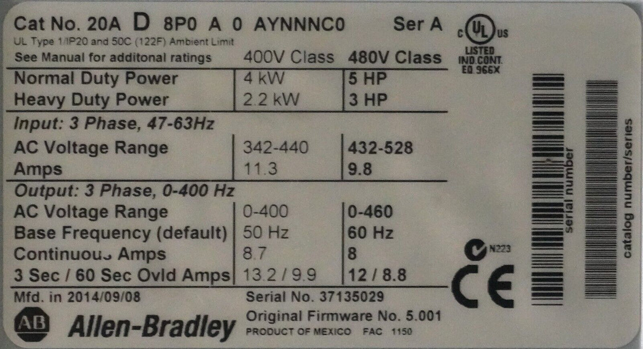 Allen-Bradley PowerFlex 70 5HP 20AD8P0A0AYNNNC0 480 VAC Clean Tested FRN:5.001