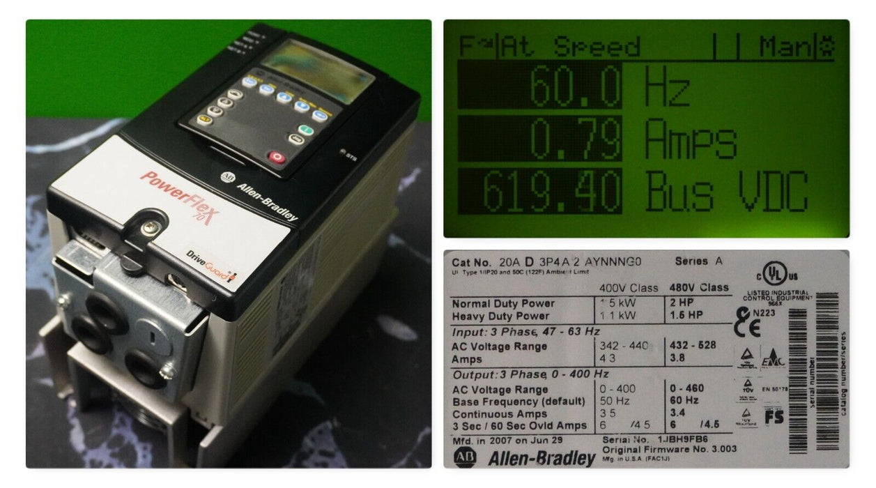 Allen-Bradley PowerFlex 70 2HP 20AD3P4A2AYNNNG0 480VAC FRN:3.003 Tested Good