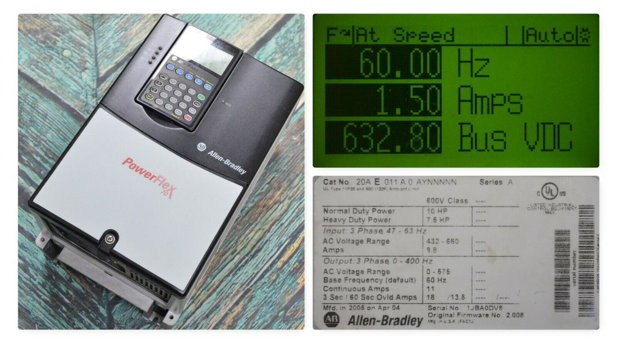 Allen-Bradley PowerFlex 70 10HP 20AE011A0AYNNNNN 600 VAC Tested Clean FRN:2.008