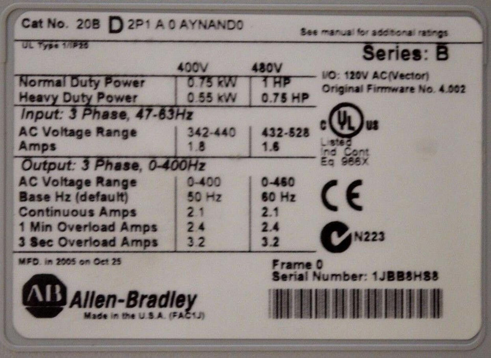 Allen-Bradley PowerFlex 700  1HP 20BD2P1A0AYNAND0 480 VAC Clean Tested OK