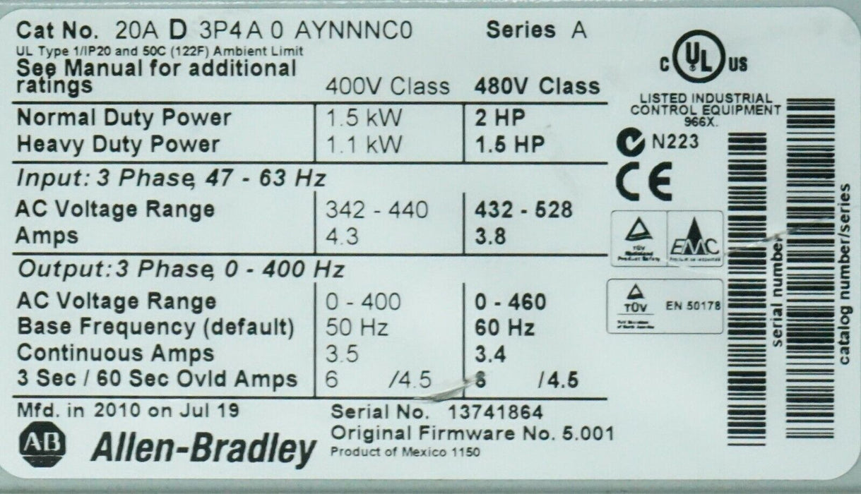 Allen-Bradley PowerFlex 70 2HP 20AD3P4A0AYNNNC0 Tested Good FRN:5.001