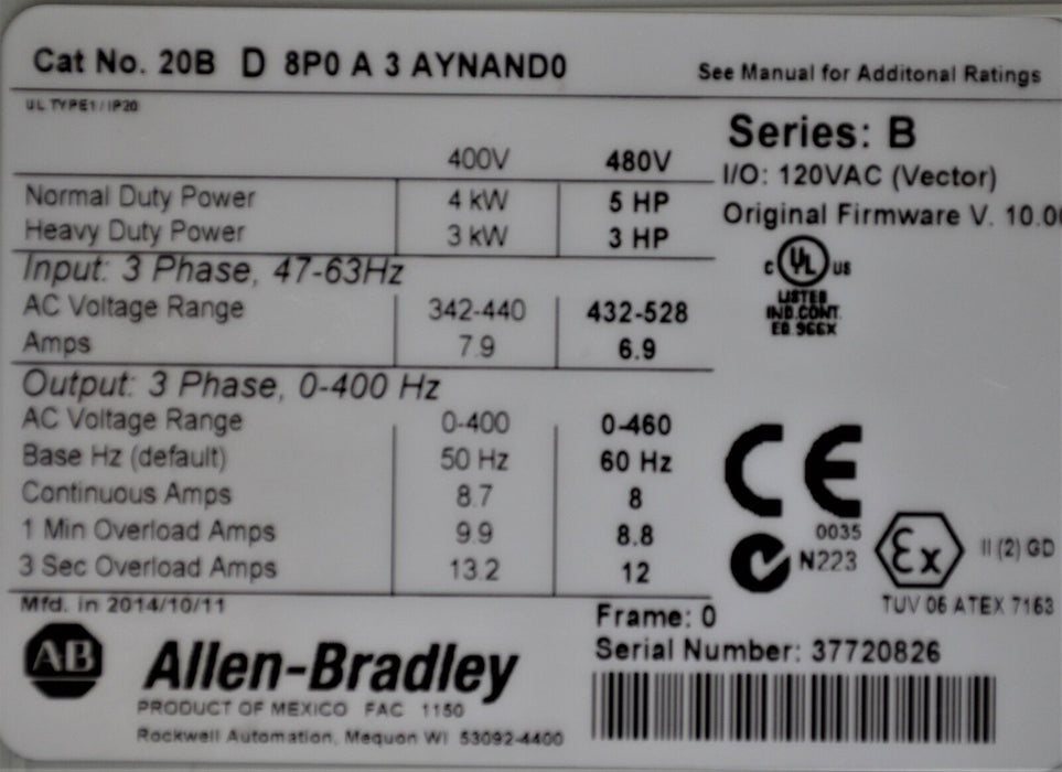 Allen-Bradley PowerFlex 700 5 HP 20BD8P0A0AYNAND0 480 VAC Tested Good FRN 10.001