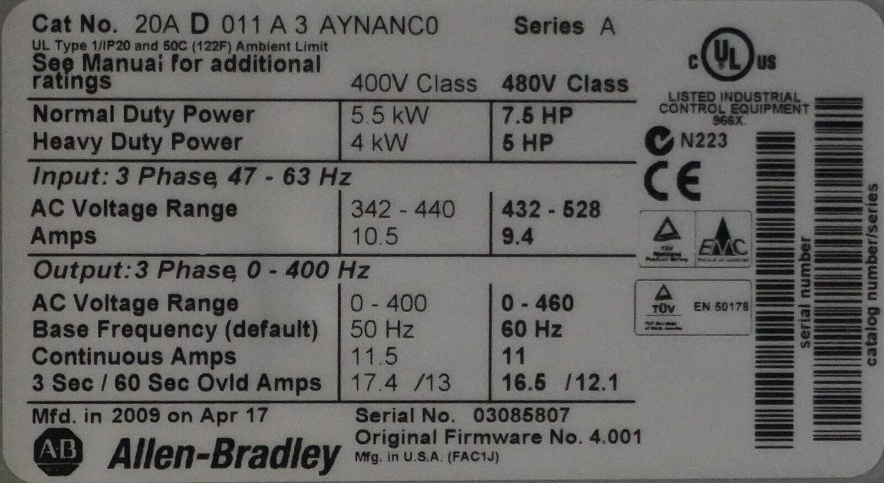 Low Hrs Allen Bradley PowerFlex 70 7.5HP 20AD011A3AYNANC0 480V Tested FRN:4.001