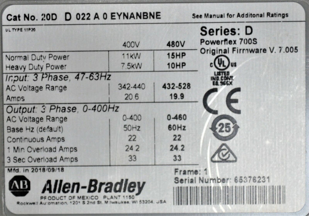 NEW Allen-Bradley 20DD022A0EYNANBNE /D 15HP Powerflex 700S W/Synchlink FRN:7.005