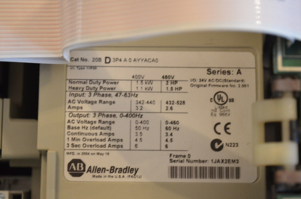 Allen-Bradley PowerFlex 700  2HP 20BD3P4A0AYYACA0 480VAC Very Clean Tested