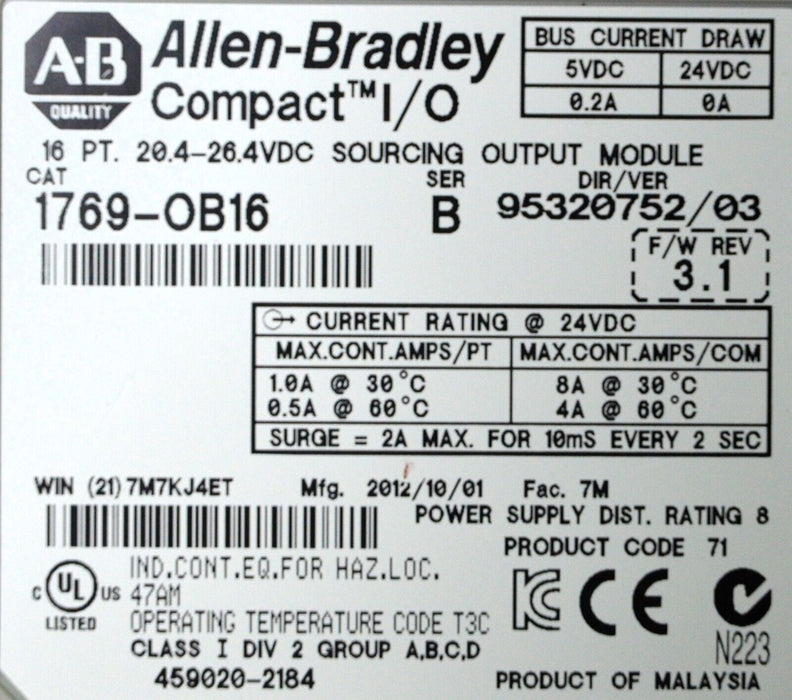 Allen-Bradley 1769-0B16 Series B Compact I/O PLC Input Module FRN 3.1