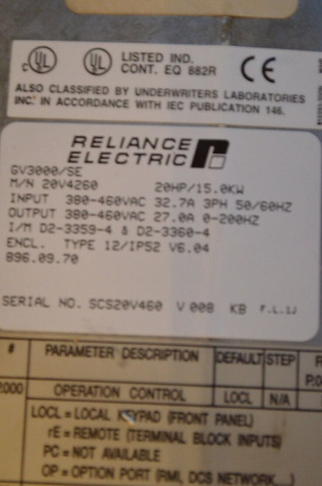 RELIANCE ELECTRIC GV3000/SE 20 HP 20V4260 SENSORLESS ENHANCED AC DRIVE TESTED OK