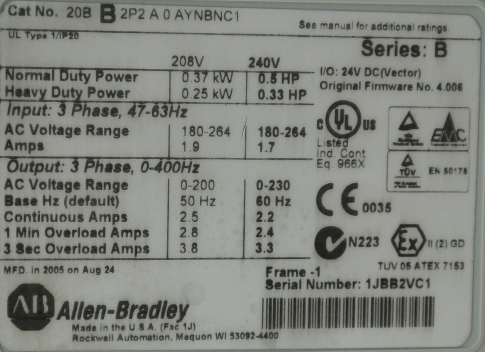 NEW Allen Bradley PowerFlex 700 20BB2P2A0AYNBNC1 AC Drive Series B - 0.5 HP