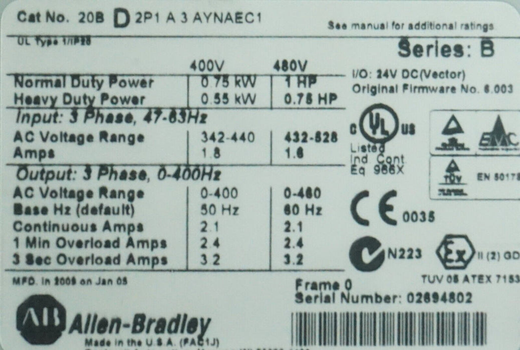 Low Hours Allen-Bradley 20BD2P1A3AYNAEC1 PowerFlex 700 1 HP Series A FRN:6.003