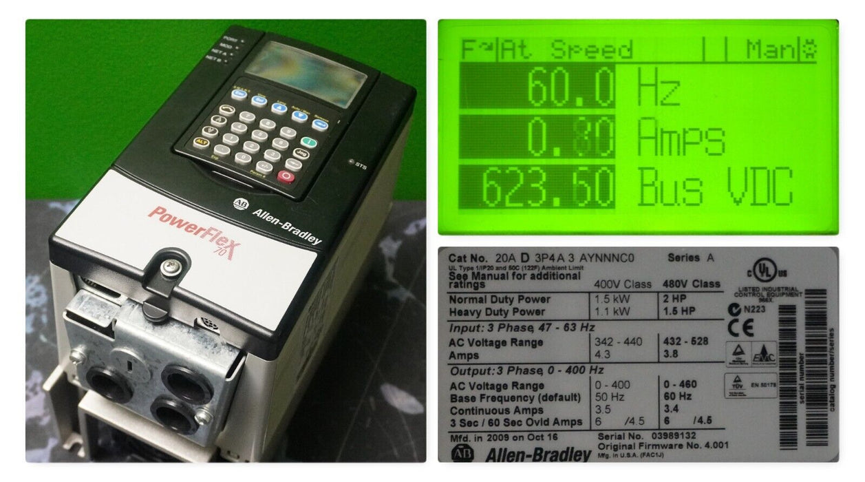 Low Hrs Allen-Bradley PowerFlex 70 2 HP 20AD3P4A3AYNNNC0 480VAC Tested FRN:4.001