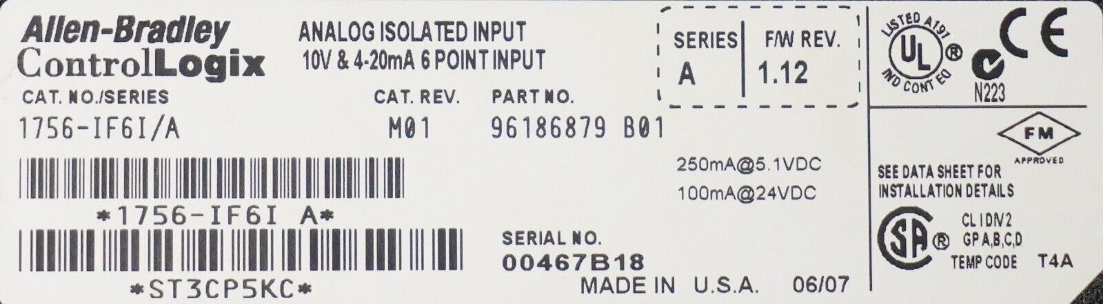 Allen-Bradley 1756-IF6I ControlLogix 6 Point Isolated A/I Module Tested Good