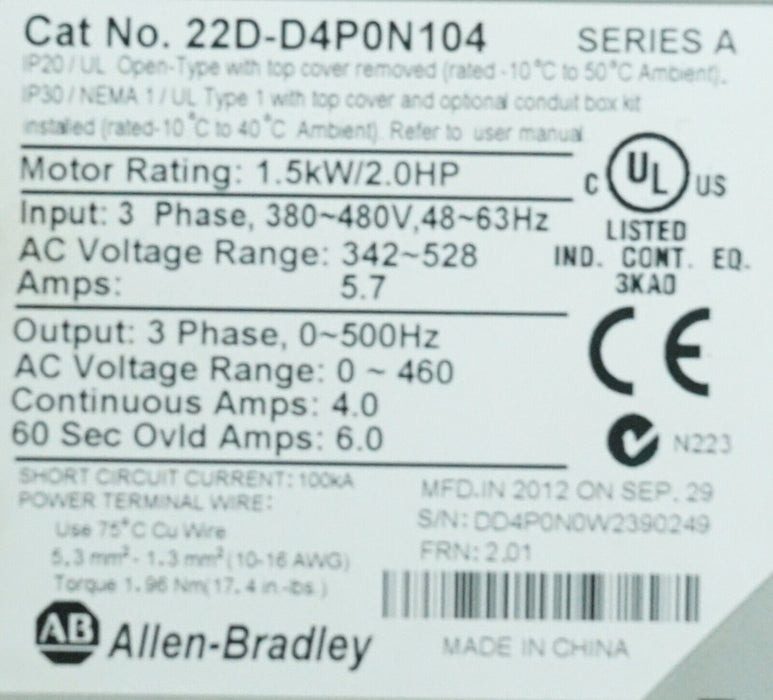 Low Hours Allen Bradley 22D-D4P0N104 PowerFlex40 Firmware 2.01 Series A