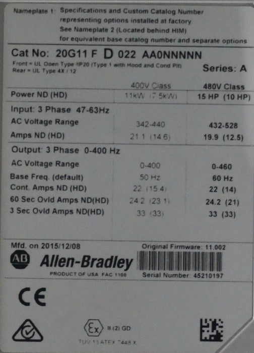 Low HR Allen-Bradley 20G11FD022AA0NNNNN PowerFlex 755 VFD 15HP SER A FRN:11.002