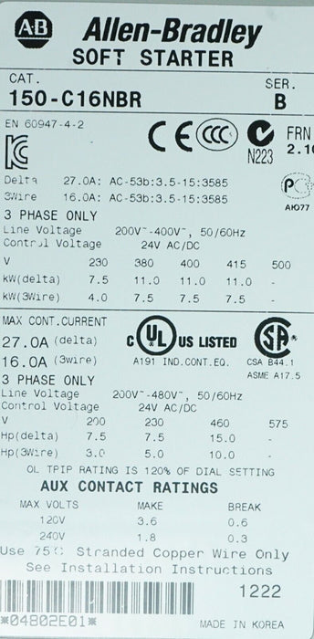 Allen Bradley 150-C16NBR Series B SMC-3 Motor Controller 16A 480V 24V AC/DC