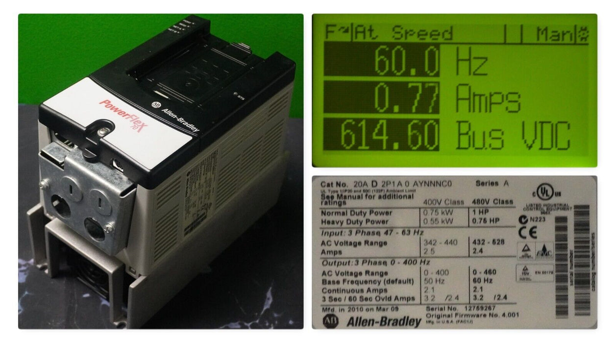 Allen-Bradley PowerFlex 70 1 HP 20AD2P1A0AYNNNC0 FRN 4.001 480V Tested Good