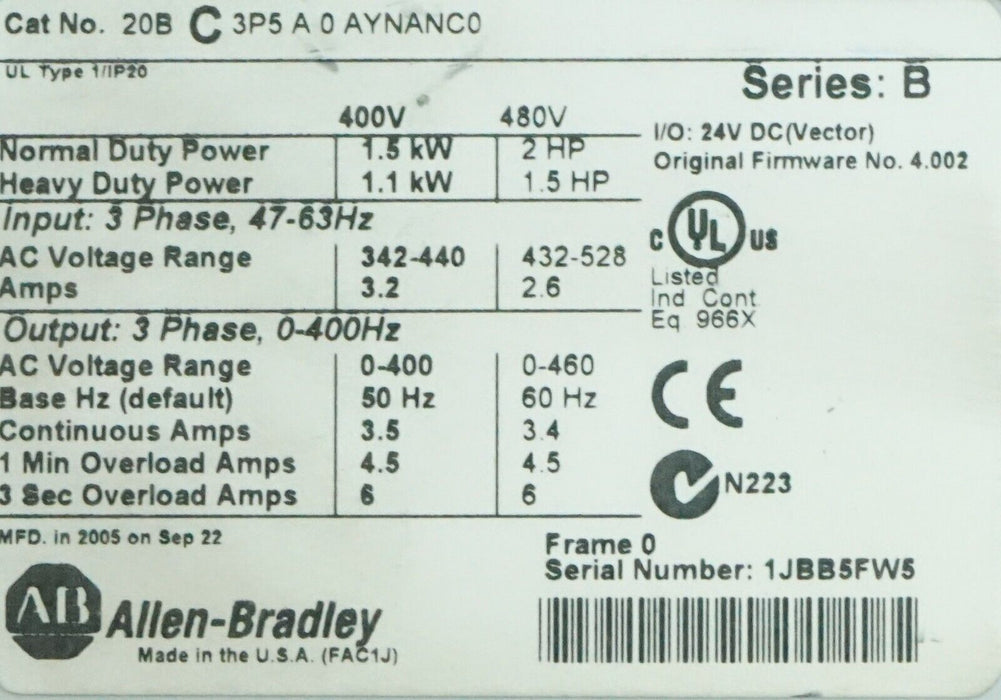 Low Hours Allen-Bradley PowerFlex 700 2HP 20BC3P5A0AYNANC0 400VAC FRN:4.002