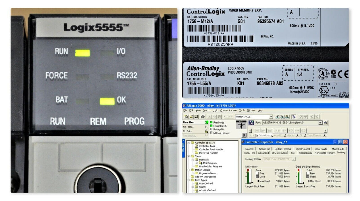 Allen Bradley 1756-L55/A W/ 1756-M12/A ControlLogix 5555 FRN 16.20 Tested Good.