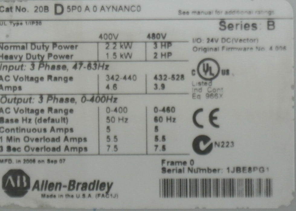 Allen-Bradley 20BD5P0A0AYNANC0 PowerFlex 700 3HP 480 VAC FRN:4.006