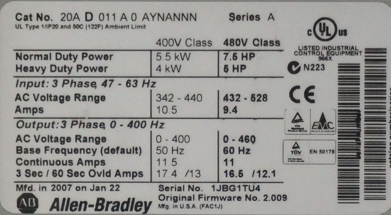 New Allen-Bradley PowerFlex 70 20AD011A0AYNANNN 480VAC 7.5 HP FRN:2.009