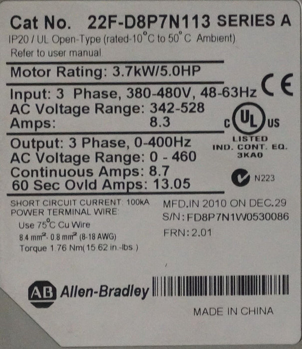 Allen-Bradley 22F-D8P7N113 Series A PowerFlex 4M AC Drive 3-P 5HP FRN:2.01