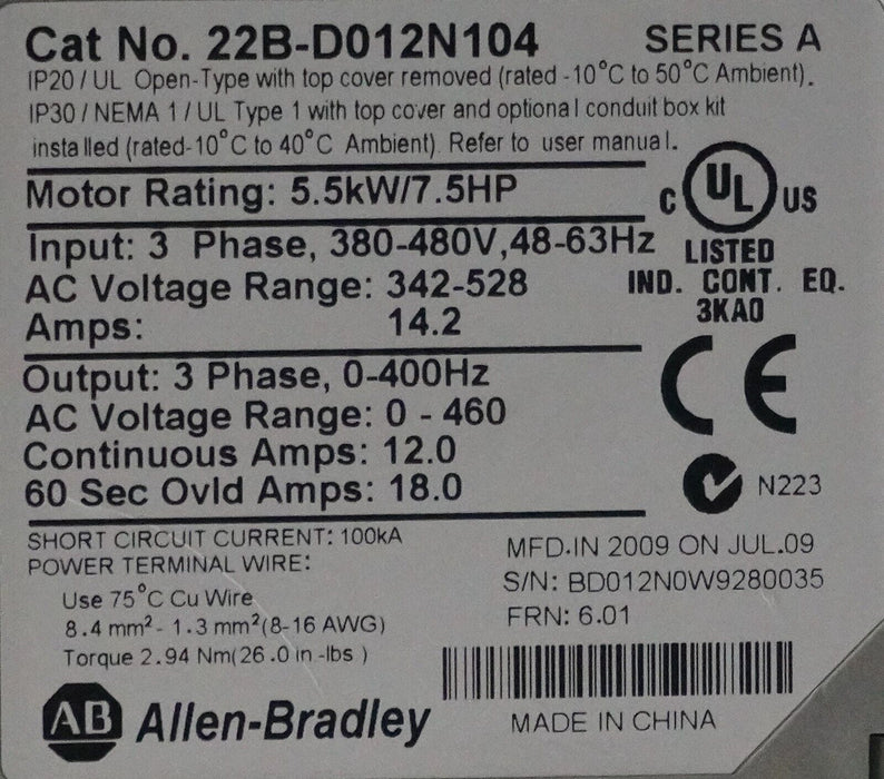 Allen-Bradley 22B-D012N104 7.5 HP Powerflex40 Ser. A FRN:6.01 Tested Good Clean