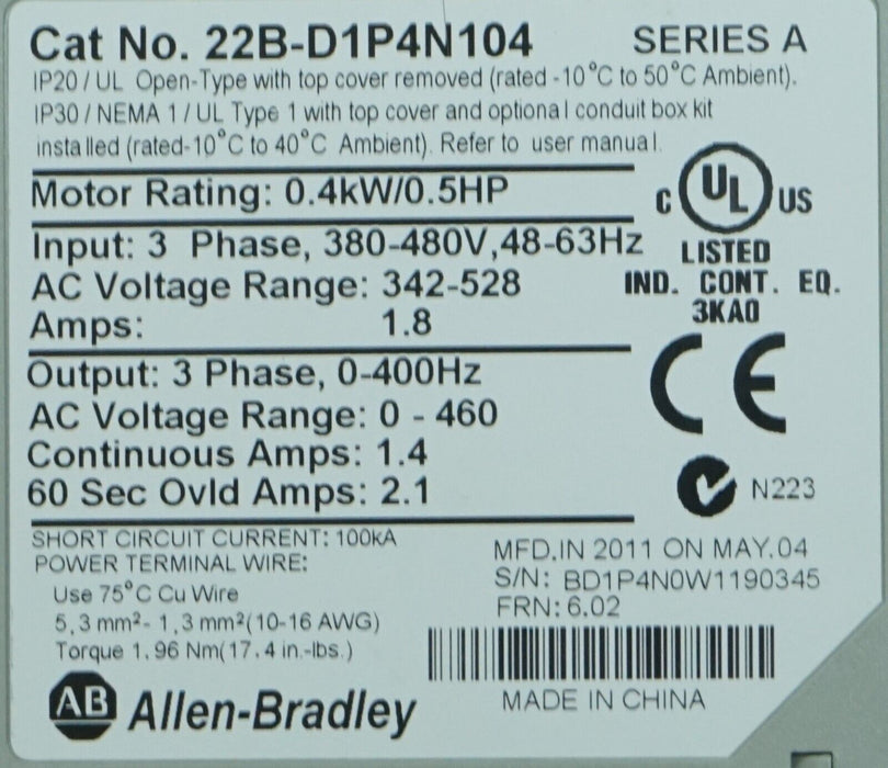 Allen-Bradley 1/2HP Powerflex 40 22B-D1P4N104 Ser. A Tested Good FRN: 6.02