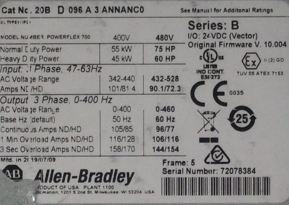 Zero Hours Allen Bradley 20BD096A3ANNANC0 Series B FRN:10.004 480V Tested Good