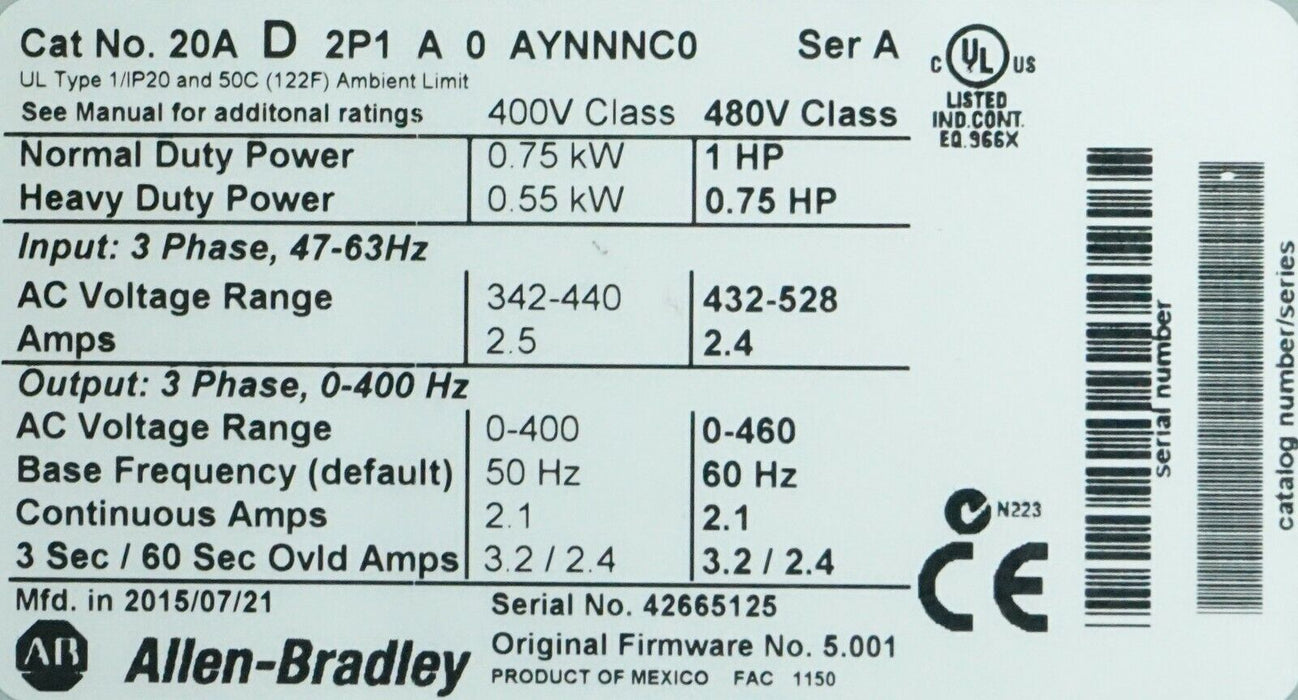 Zero Hour Allen-Bradley PowerFlex 70 20AD2P1A0AYNNNCO Ser.A 1HP FRN 5.001 Tested