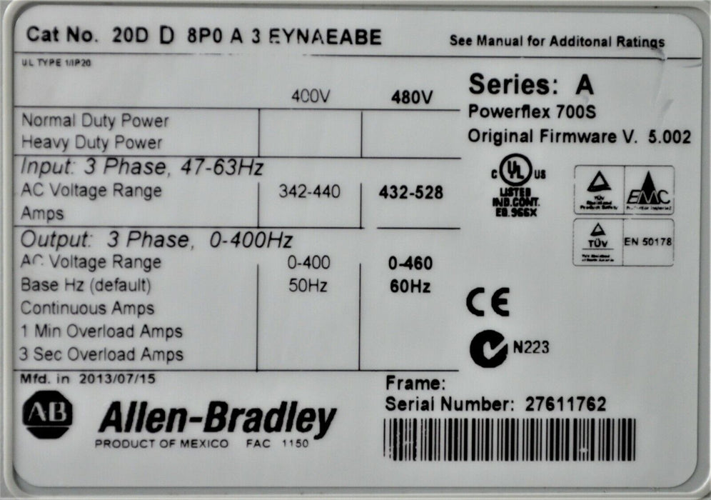 NEW ALLEN BRADLEY POWERFLEX 700S 20DD8P0A3EYNAEABE 5 HP STEGMANN, ETHERNET