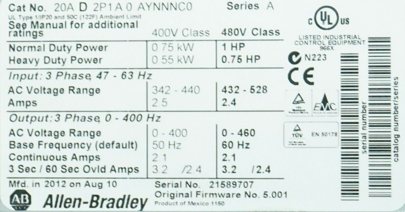 Allen-Bradley PowerFlex 70 1 HP 20AD2P1A0AYNNNC0 480 VAC FRN 5.001 Tested Good