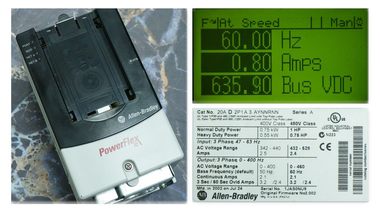 Allen-Bradley PowerFlex 70 1HP 20AD2P1A3AYNNRNN 480VAC FRN: 2.002 Tested Good