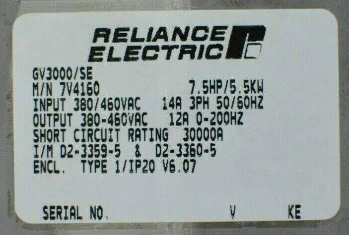 RELIANCE ELECTRIC GV3000/SE 7.5 HP 7V4160 FIRMWARE 6.07 AC DRIVE TESTED GOOD