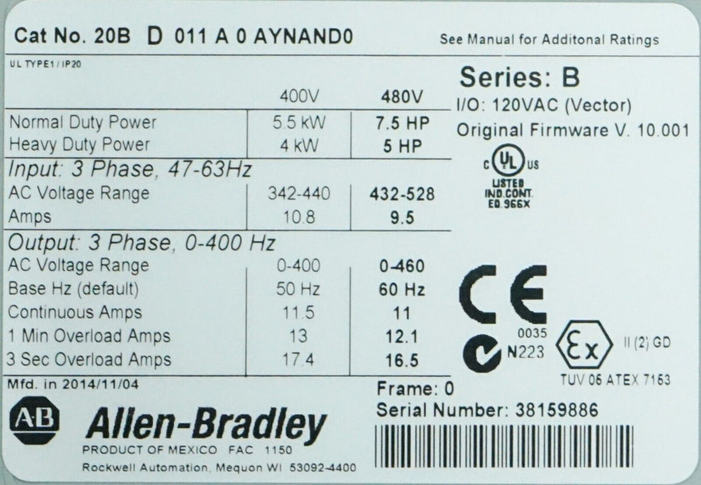 Zero Hours Allen-Bradley PowerFlex 700 7.5HP 20BD011A0AYNAND0 480VAC FRN: 10.001