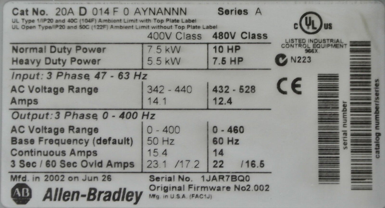 Allen Bradley 10 HP 480V 20AD014F0AYNANNN, Series A, FRM 2.002 PowerFlex 70