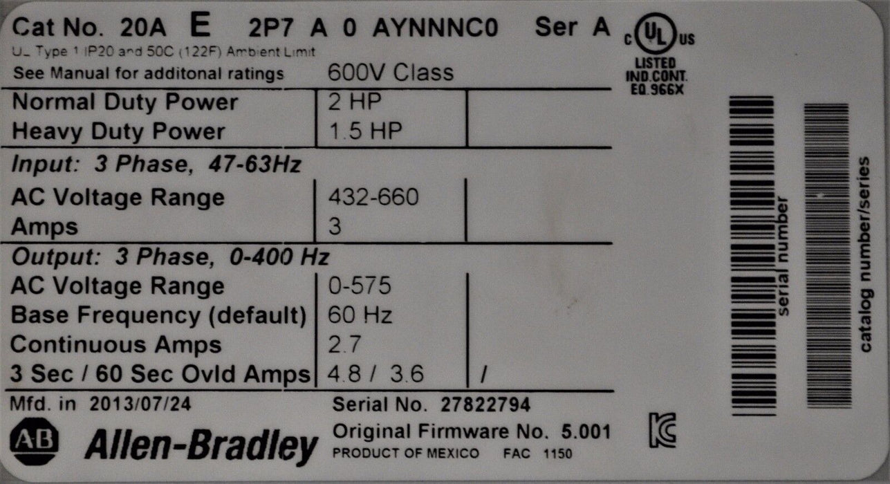 2013 Allen-Bradley PowerFlex 70 2 HP 20AE2P7A0AYNNNC0 600VAC Tested Good