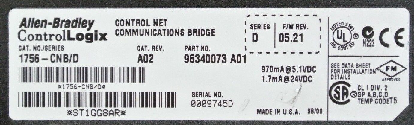 Allen-Bradley 1756-CNB /D Firmware 5.21 ControlLogix Net Bridge Module A02 SER D