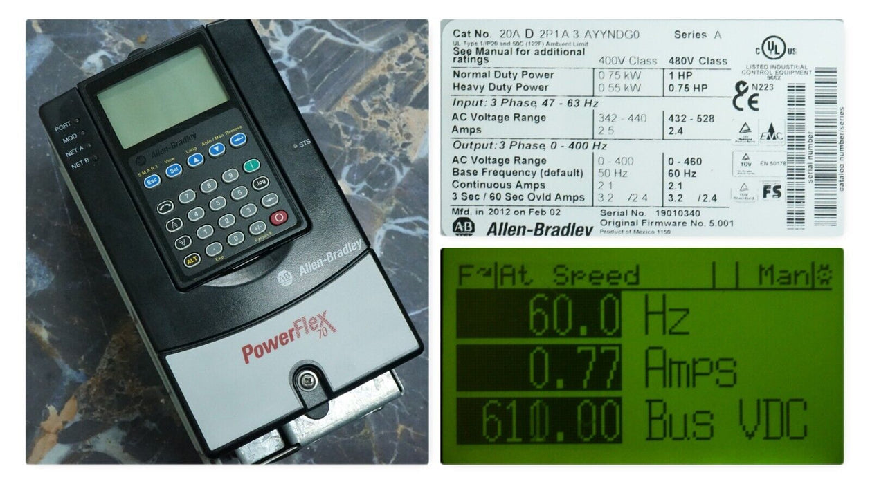 Low Hours Allen-Bradley 20AD2P1A3AYYNDG0 PowerFlex70 1HP 480VAC FRN:5.001 Tested