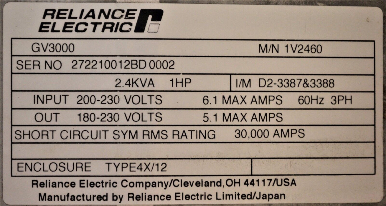 Reliance Electric GV3000 1V2460 FRN 6.04 1 HP 230 VAC Tested Good Cracked Cover