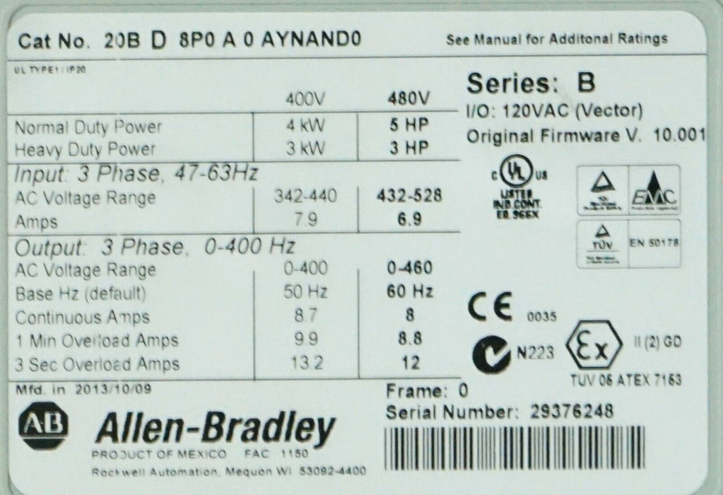 Allen-Bradley PowerFlex 700 5 HP 20BD8P0A0AYNAND0 480 VAC FRN:10.001