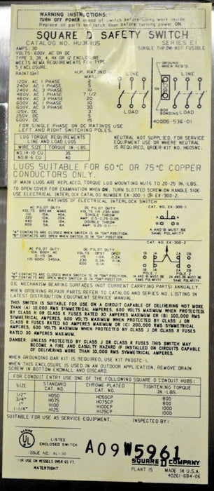 Square D HU361DS Heavy Duty Safety Switch Stainless Steel 30 Amps 4 of 4