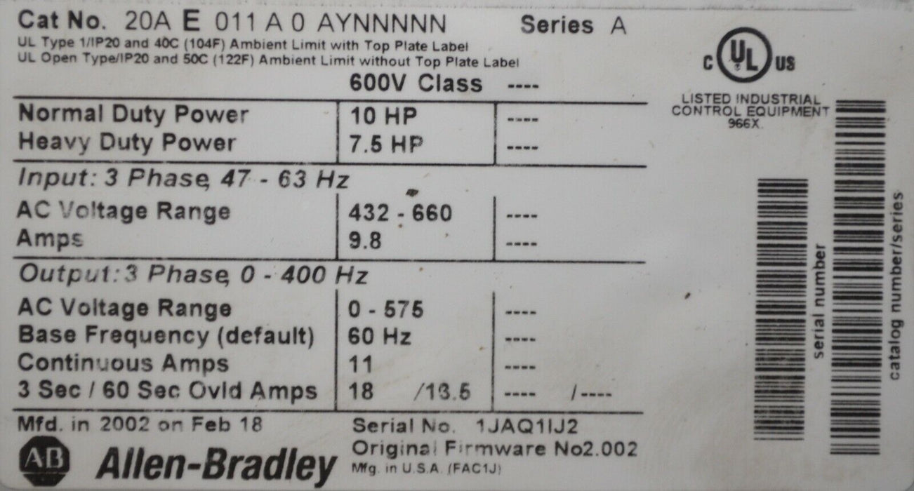 Allen-Bradley PowerFlex 70 10HP 20AE011A0AYNNNNN 600 VAC Tested Clean FRN:2.002