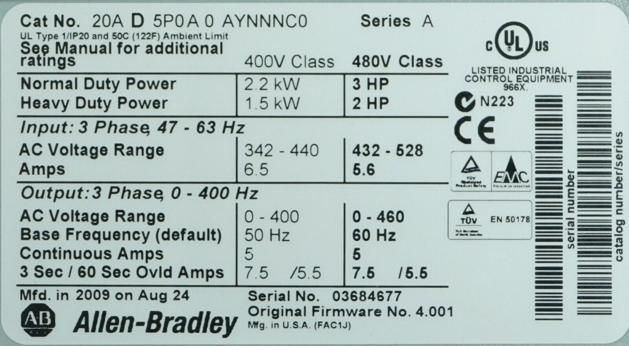 Allen-Bradley PowerFlex 70 3HP 20AD5P0A0AYNNNC0 Series A Tested Good FRN: 4.001