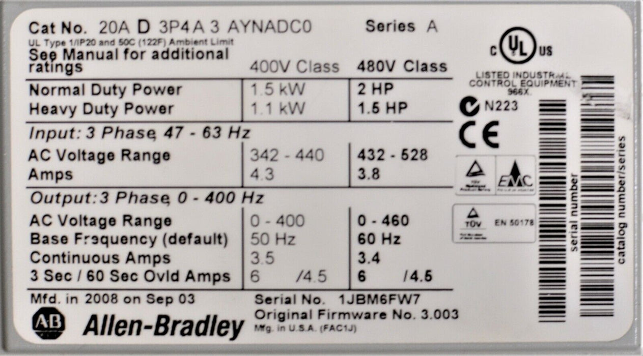 Allen-Bradley Powerflex 70 20AD3P4A3AYNADC0 /A, 2 HP, 3.4 Amps, FRN 3.003