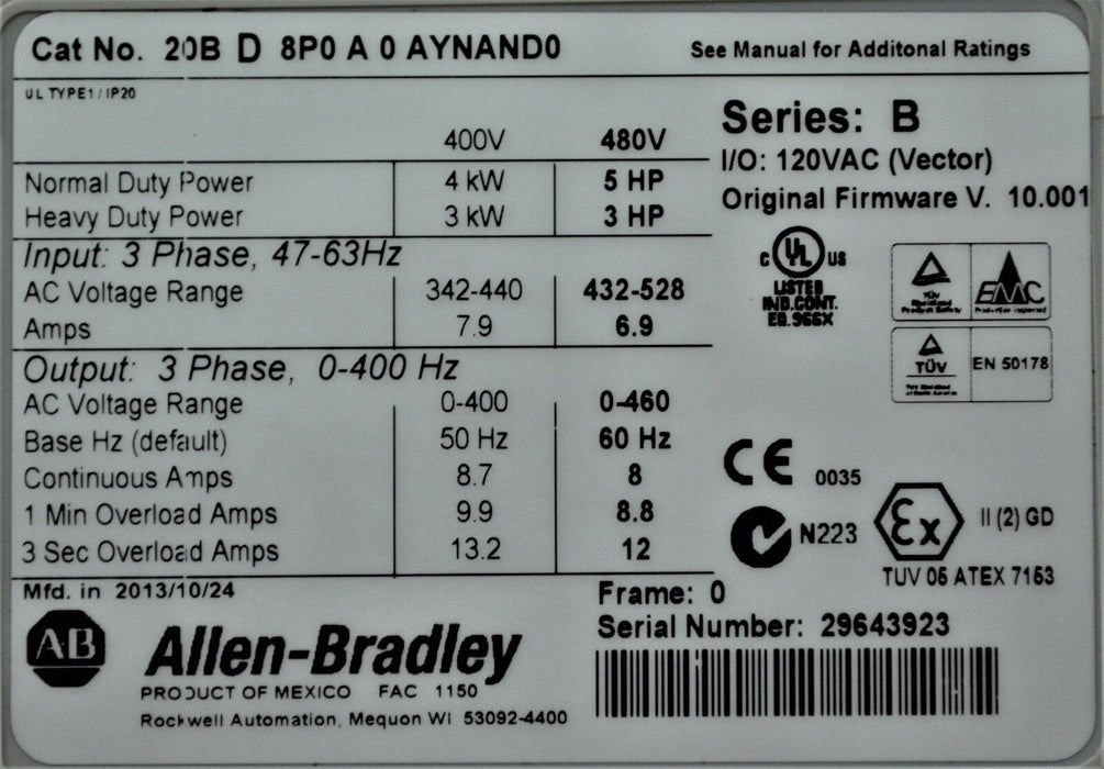 2013 Allen-Bradley PowerFlex 700 5 HP 20BD8P0A0AYNAND0 480 VAC Tested Good