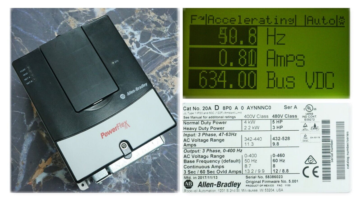 Low Hours Allen-Bradley POWERFLEX 70 5 HP 20AD8P0A3AYNNNNC0 Series A FRN: 5.001